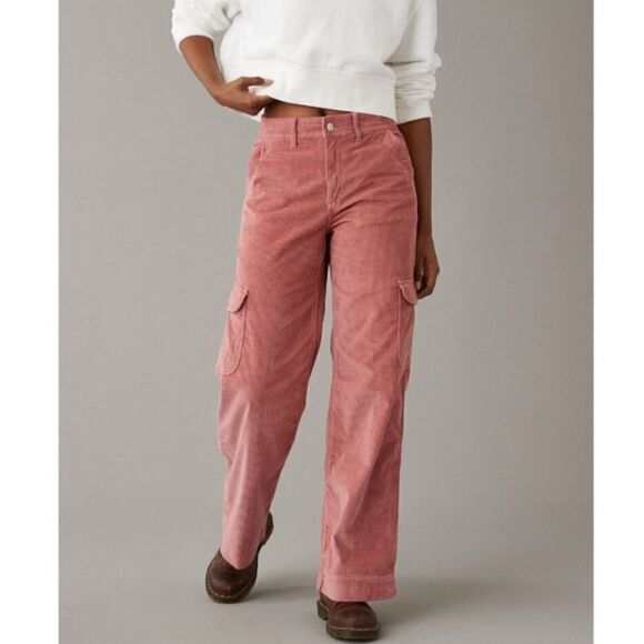 American Eagle Outfitters Pants - American Eagle Cargo Pants Salmon Pink Corduroy Super High Rise Baggy Wide Leg